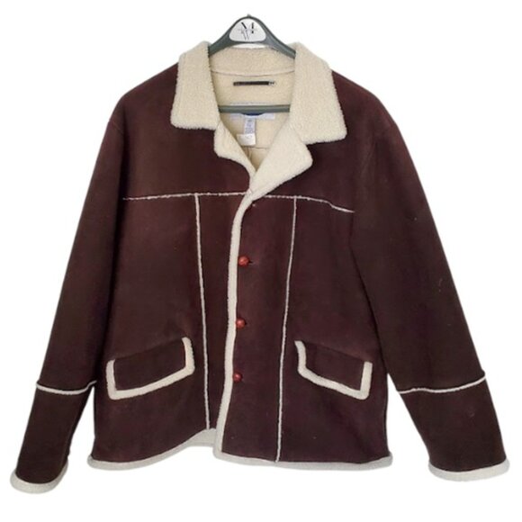 EUC Mens Y2K Brown Sherpa-Lined Faux Suede Coat Old Navy Sz XL Heritage Workwear - Picture 6 of 12